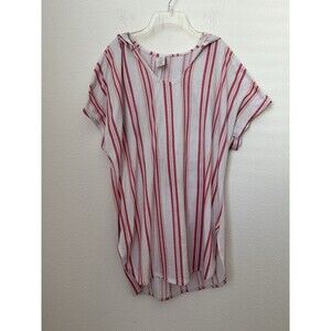 Time & Tru Women's Pink White Striped Short Sleeve Hooded Tunic Top Size Large
